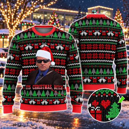 Santa Hat Sunglasses Boss Knit Ugly Christmas Sweater - front and back view