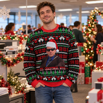 Santa Hat Sunglasses Boss Knit Ugly Christmas Sweater - worn front view