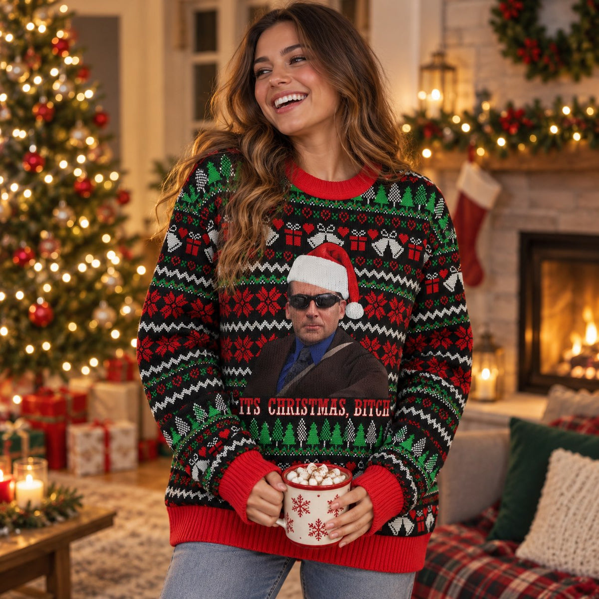 Santa Hat Sunglasses Boss Knit Ugly Christmas Sweater - worn lifestyle view