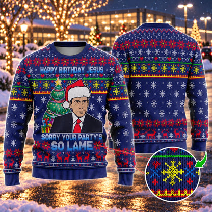 Happy Birthday Jesus Santa Hat Knit Ugly Christmas Sweater - front and back view
