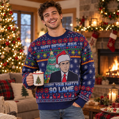 Happy Birthday Jesus Santa Hat Knit Ugly Christmas Sweater - worn lifestyle view