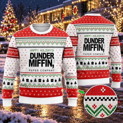 Happy Holidays Paper Company Red White Knit Ugly Christmas Sweater - front and back view