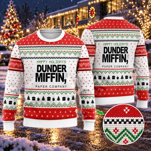 Happy Holidays Paper Company Red White Knit Ugly Christmas Sweater - front and back view