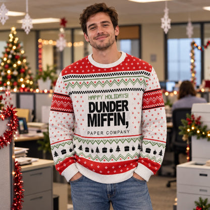 Happy Holidays Paper Company Red White Knit Ugly Christmas Sweater - worn front view