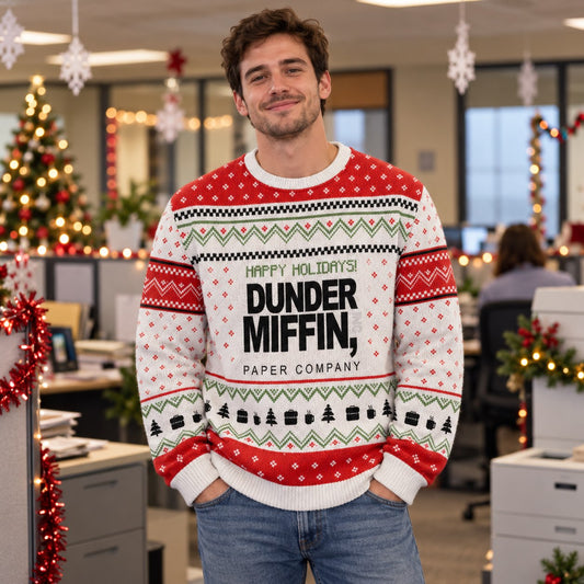 Happy Holidays Paper Company Red White Knit Ugly Christmas Sweater - worn front view