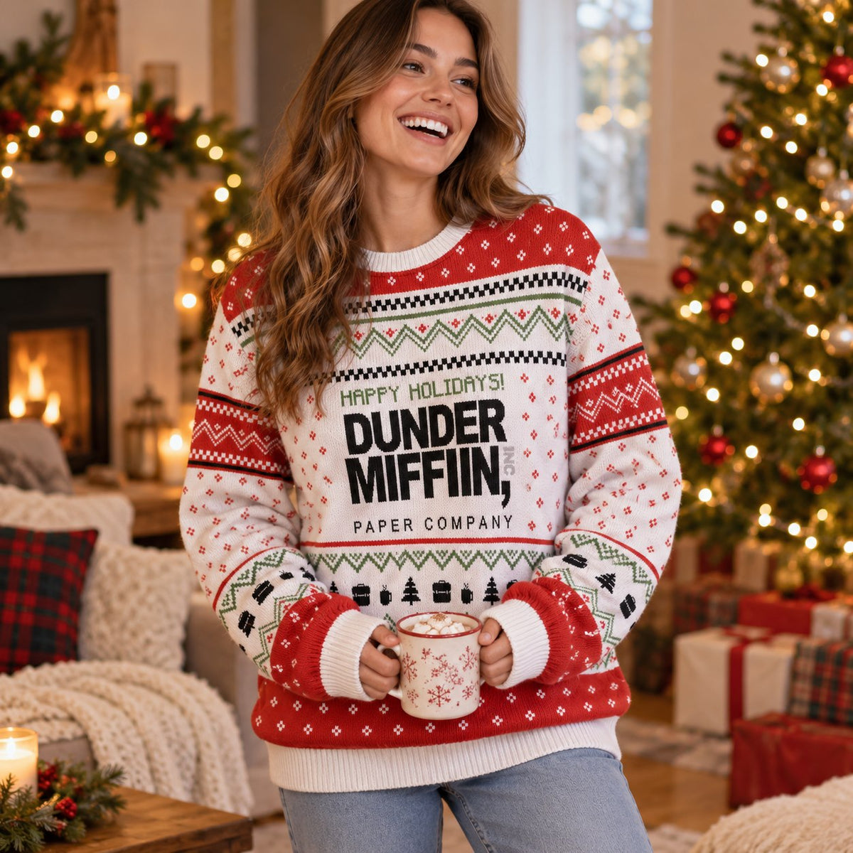 Happy Holidays Paper Company Red White Knit Ugly Christmas Sweater - worn lifestyle view