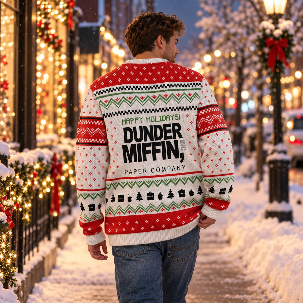 Happy Holidays Paper Company Red White Knit Ugly Christmas Sweater - worn back view