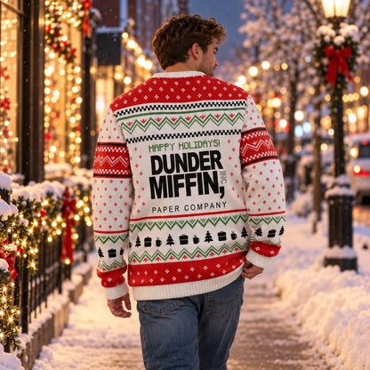 Happy Holidays Paper Company Red White Knit Ugly Christmas Sweater - worn back view