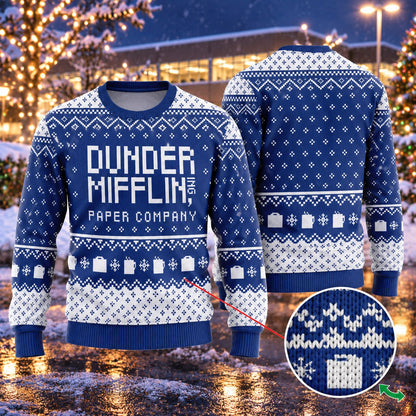 Paper Company Blue Knit Ugly Christmas Sweater - front and back view
