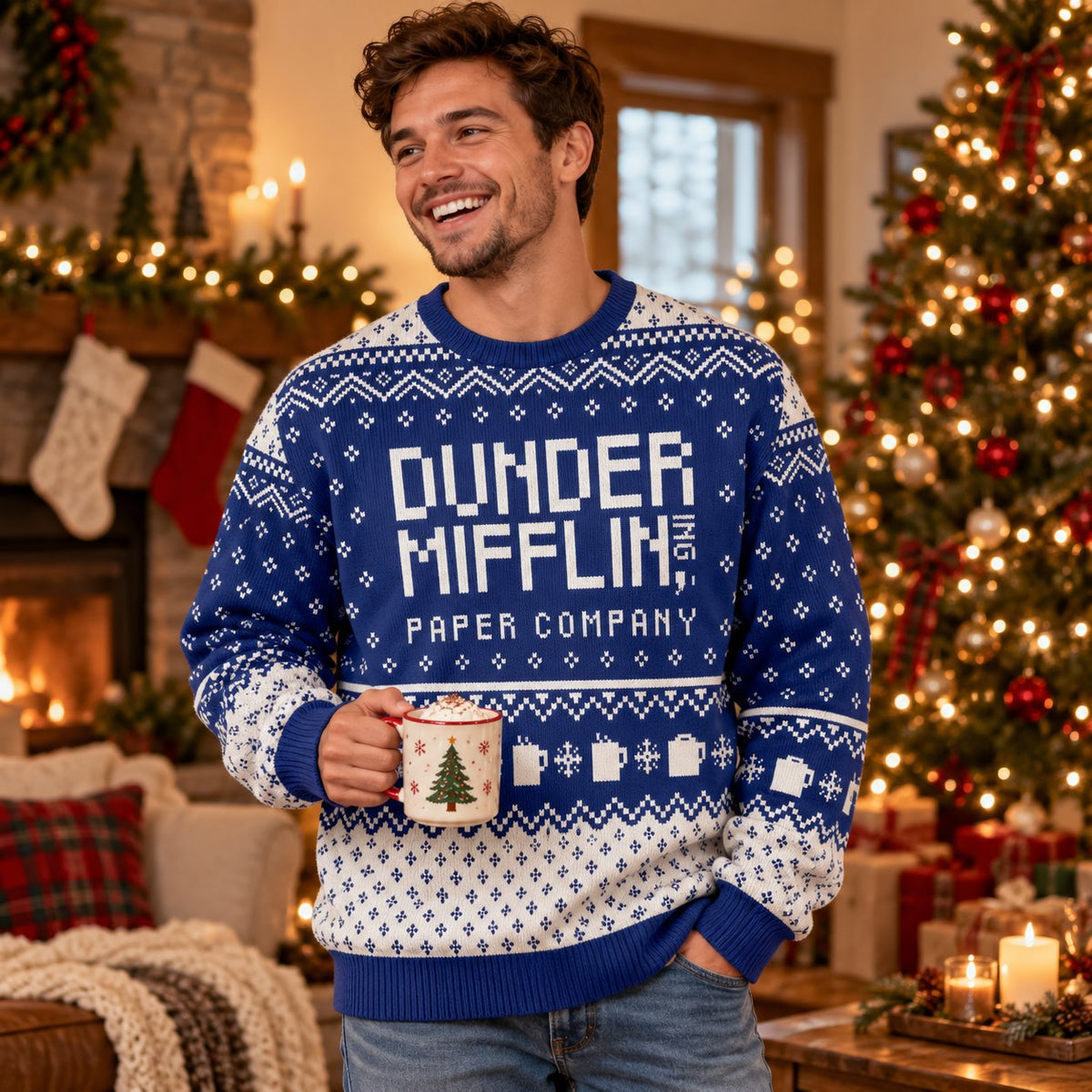 Paper Company Blue Knit Ugly Christmas Sweater - worn lifestyle view