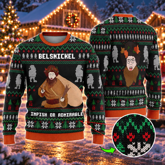 Belsnickel Impish or Admirable Knit Ugly Christmas Sweater - front and back view