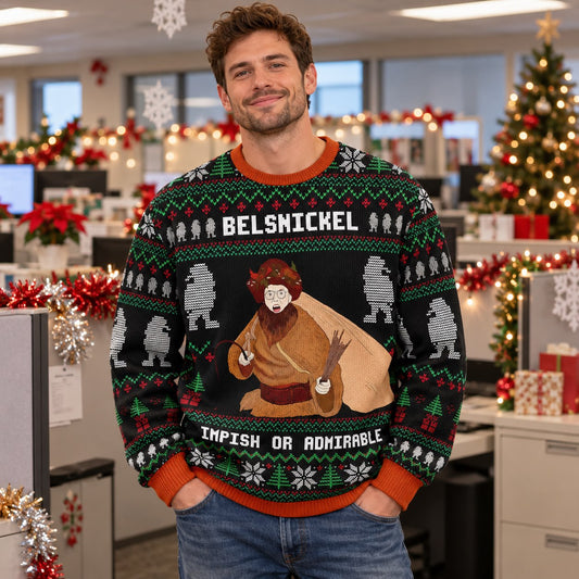 Belsnickel Impish or Admirable Knit Ugly Christmas Sweater - worn front view