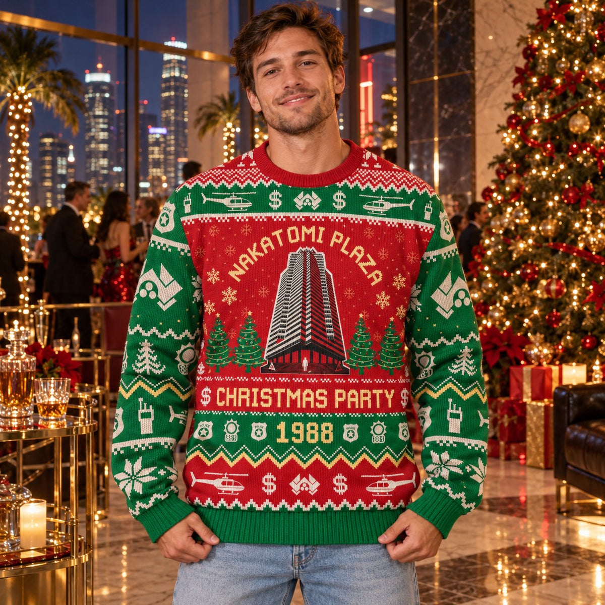 Nakatomi Plaza Christmas Party 1988 knit ugly Christmas sweater - front