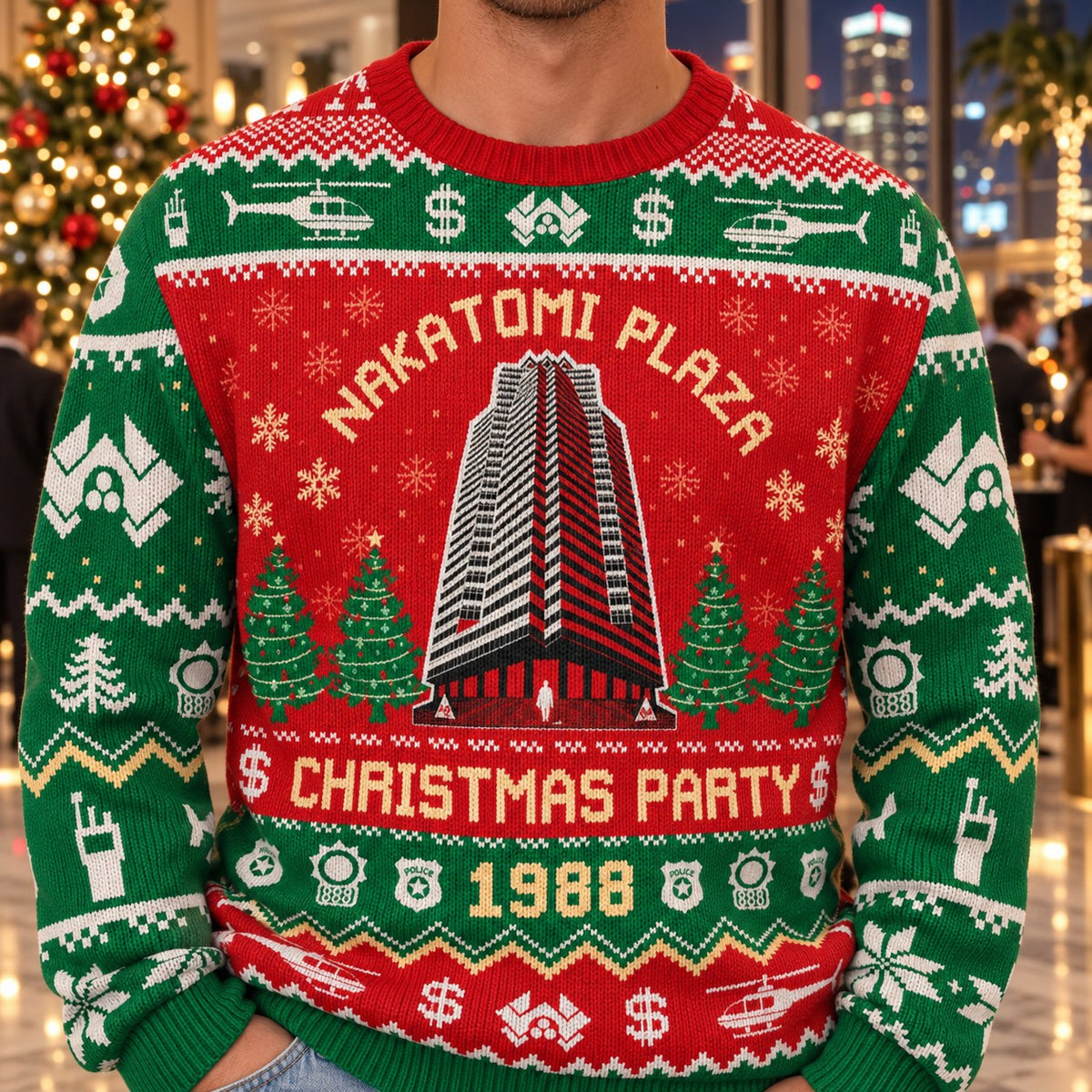 Nakatomi Plaza Christmas Party 1988 knit ugly Christmas sweater - knit close-up