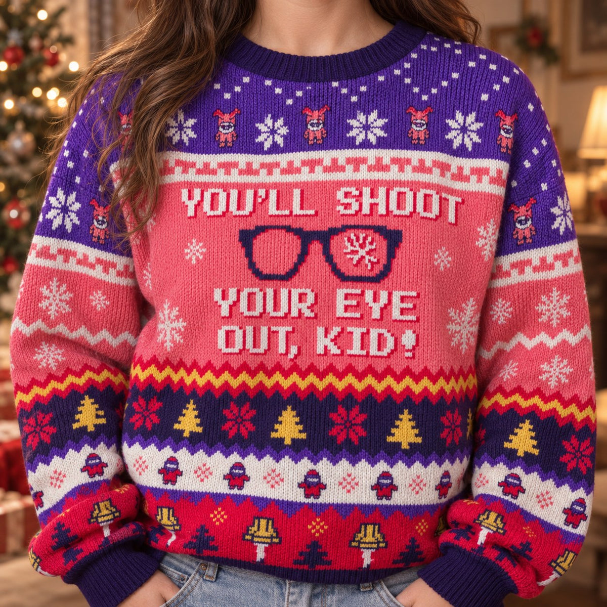 You'll Shoot Your Eye Out Kid knit ugly Christmas sweater - knit close-up