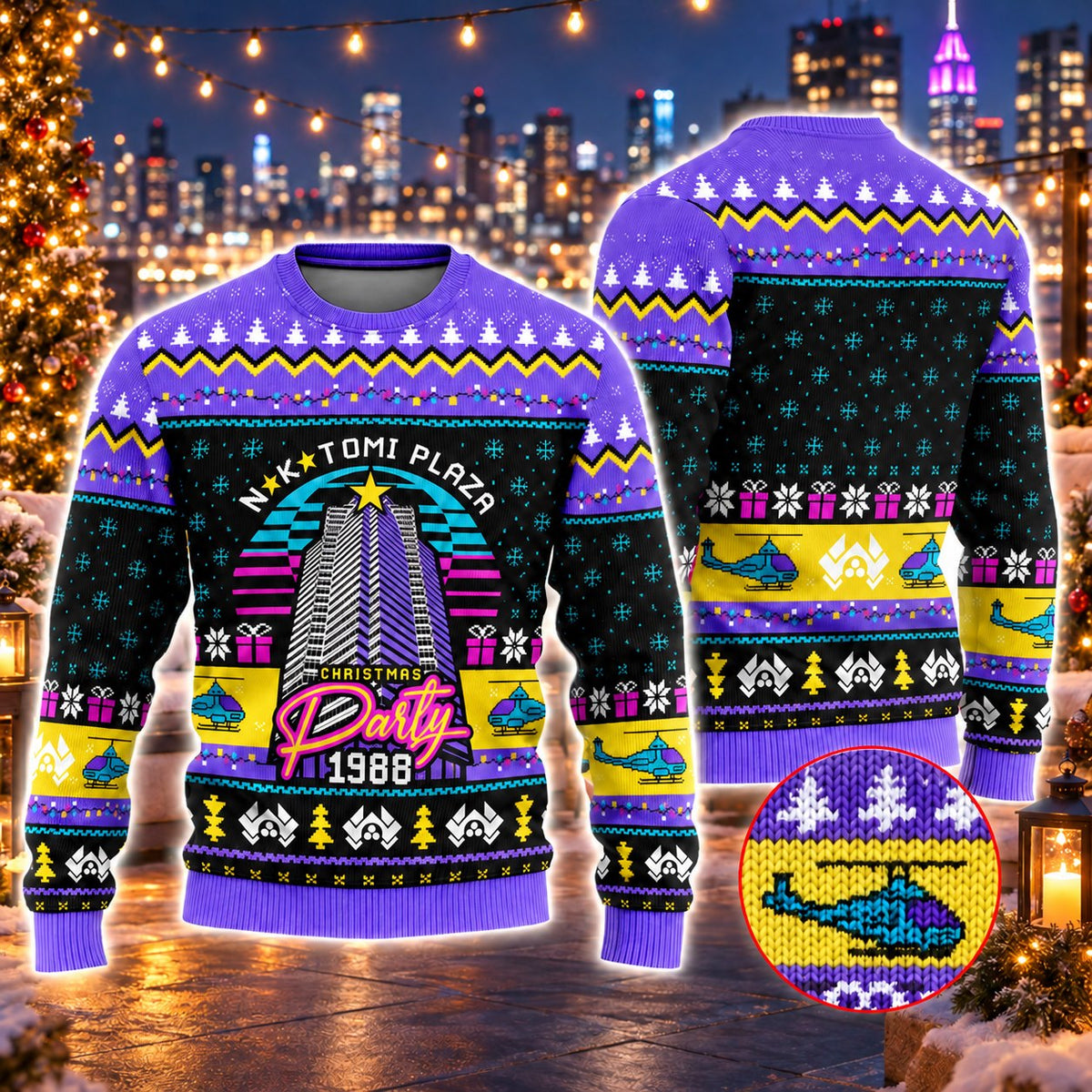 1988 Christmas Party Purple Skyscraper Knit Ugly Christmas Sweater - front and back view
