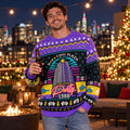 1988 Christmas Party Purple Skyscraper Knit Ugly Christmas Sweater – Retro 80s Action Movie Neon Gift
