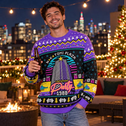 1988 Christmas Party Purple Skyscraper Knit Ugly Christmas Sweater - worn front view
