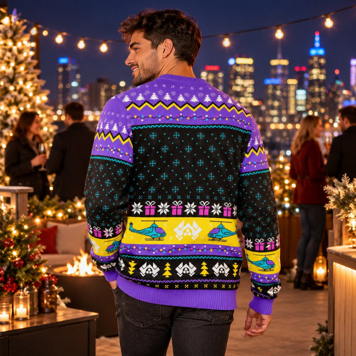 1988 Christmas Party Purple Skyscraper Knit Ugly Christmas Sweater - worn back view
