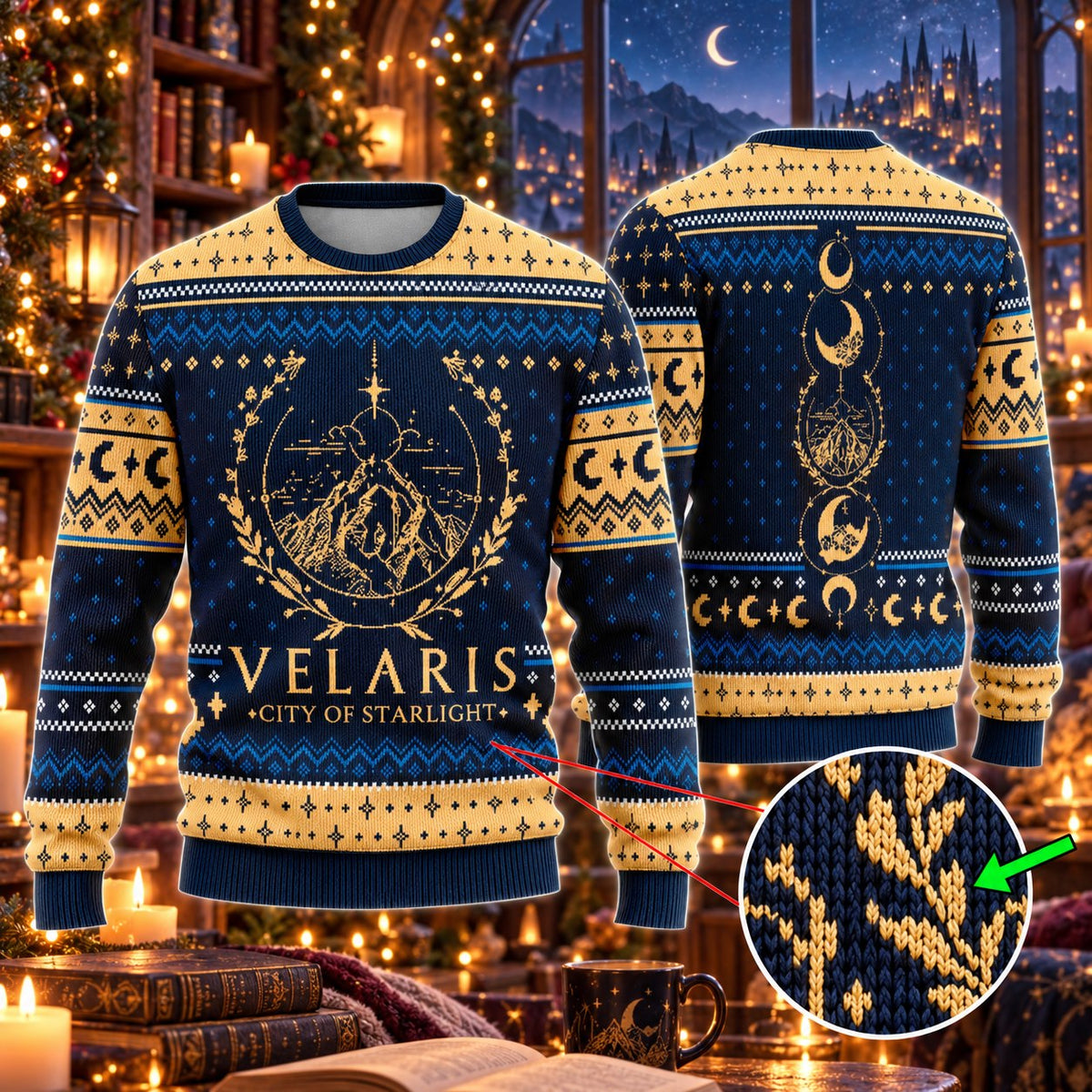City of Starlight Mountain Night Sky Navy Gold Knit Ugly Christmas Sweater - front and back view