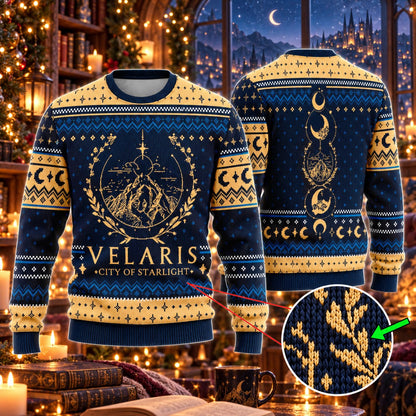 City of Starlight Mountain Night Sky Navy Gold Knit Ugly Christmas Sweater - front and back view
