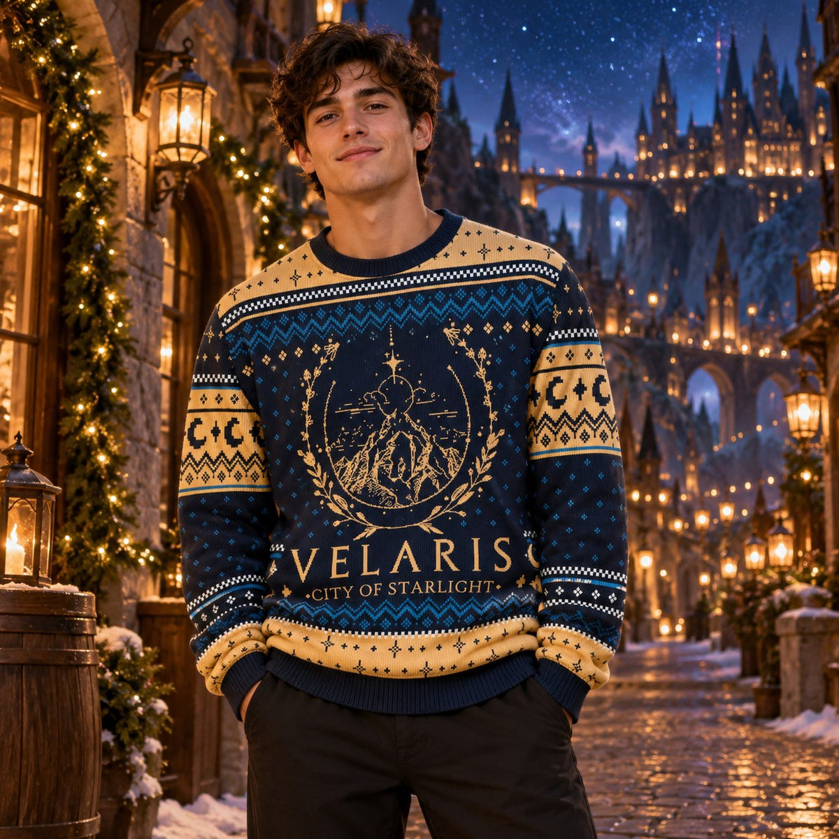 City of Starlight Mountain Night Sky Navy Gold Knit Ugly Christmas Sweater - worn lifestyle view