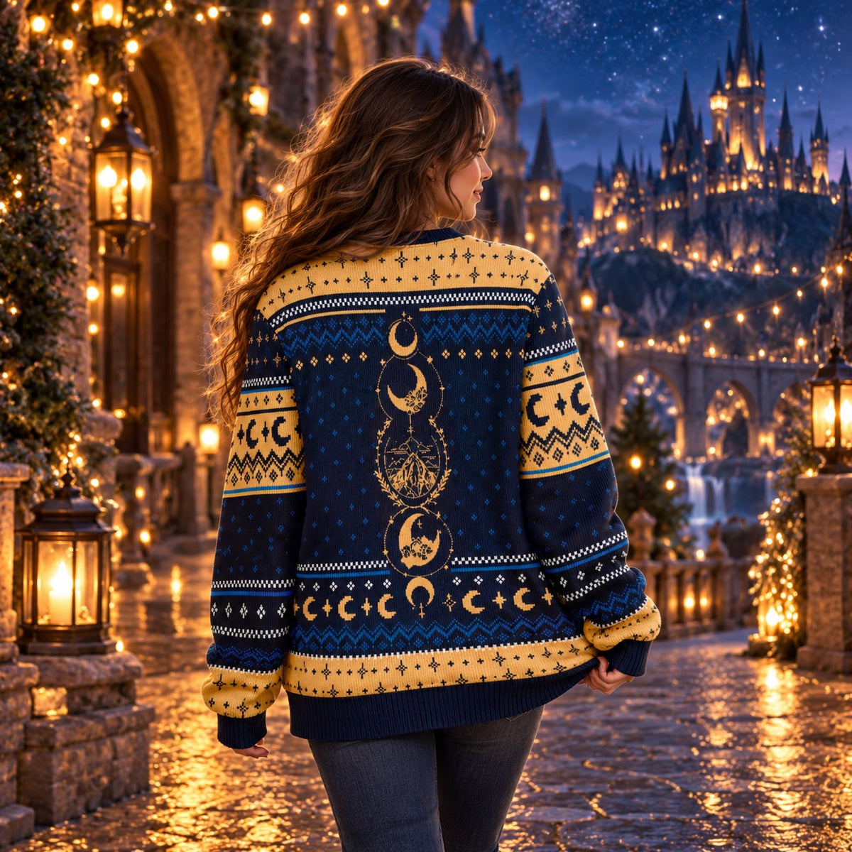 City of Starlight Mountain Night Sky Navy Gold Knit Ugly Christmas Sweater - worn back view