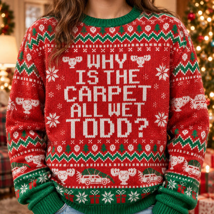 Why Is the Carpet All Wet Todd knit ugly Christmas sweater - knit close-up