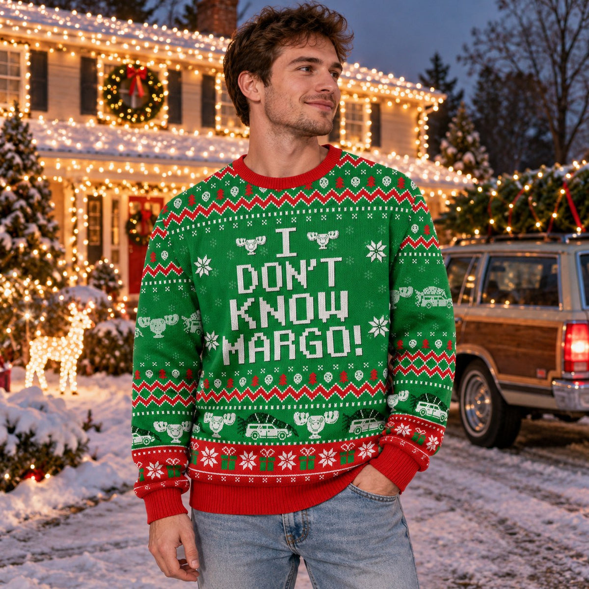 I Don't Know Margo knit ugly Christmas sweater - worn