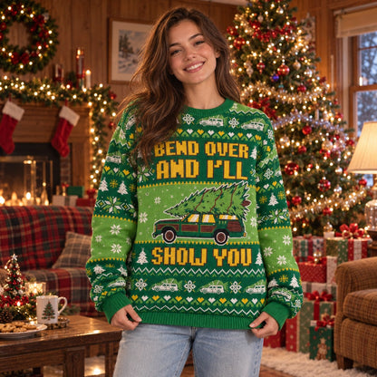 Bend Over and I'll Show You knit ugly Christmas sweater - front