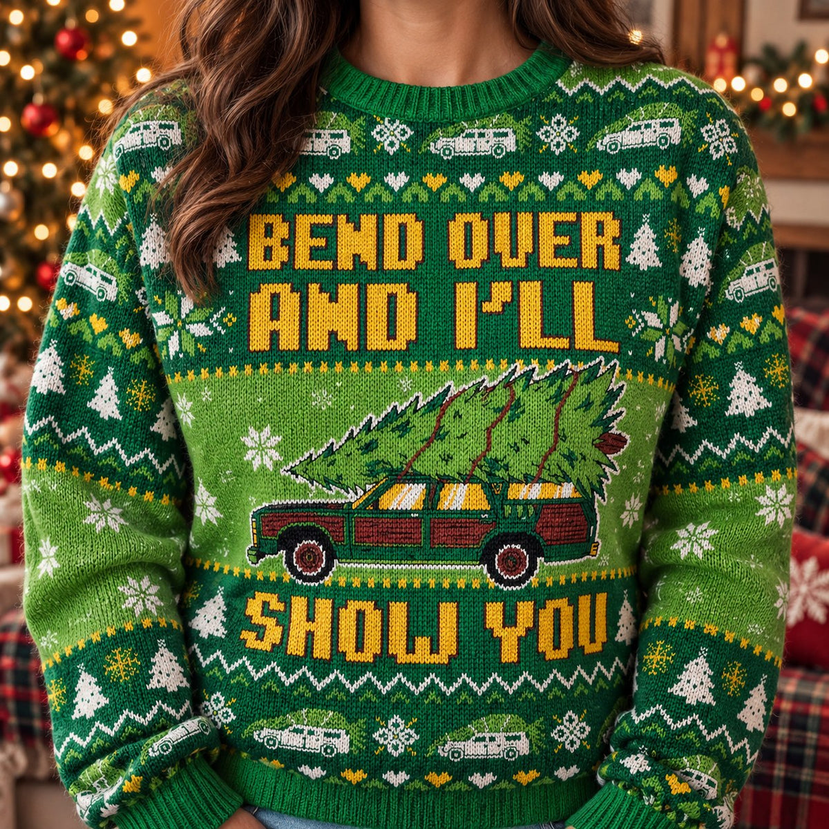 Bend Over and I'll Show You knit ugly Christmas sweater - knit close-up