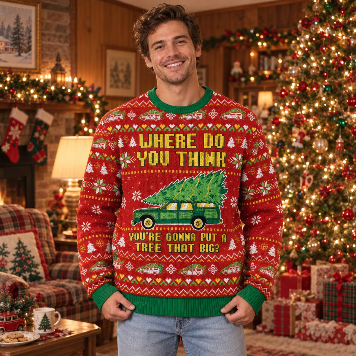 Where Do You Think You're Gonna Put a Tree That Big knit ugly Christmas sweater - front