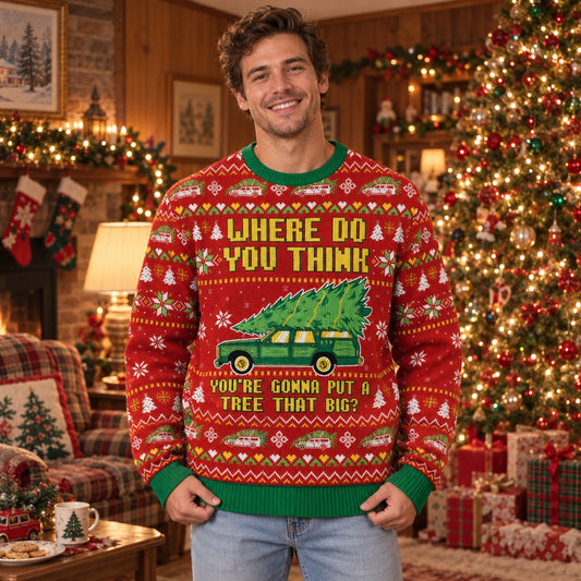 Where Do You Think You're Gonna Put a Tree That Big knit ugly Christmas sweater - front