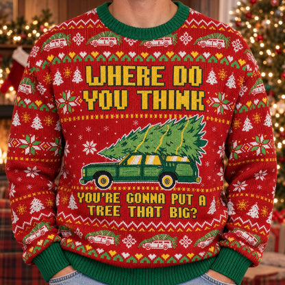 Where Do You Think You're Gonna Put a Tree That Big knit ugly Christmas sweater - knit close-up