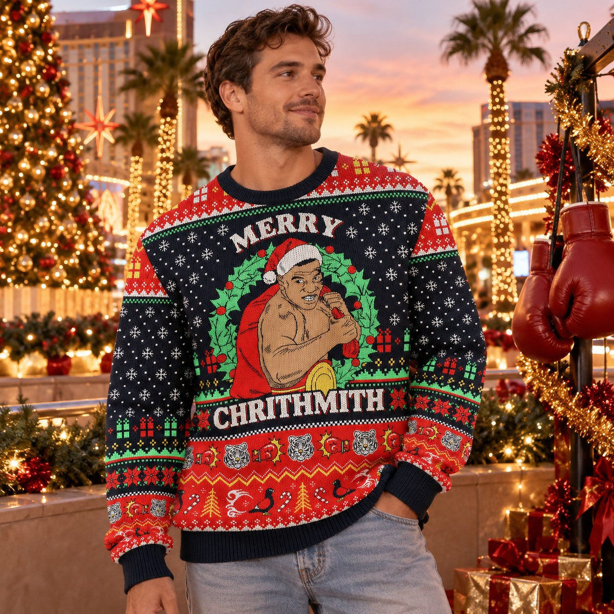 Merry Chrithmith Boxing Santa knit ugly Christmas sweater - worn