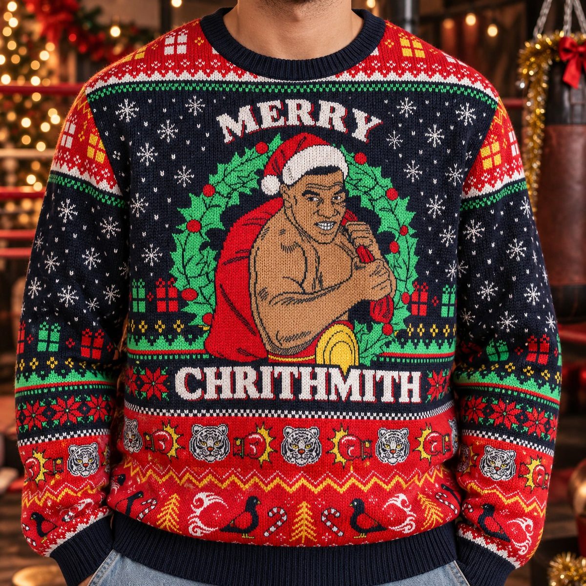 Merry Chrithmith Boxing Santa knit ugly Christmas sweater - knit close-up