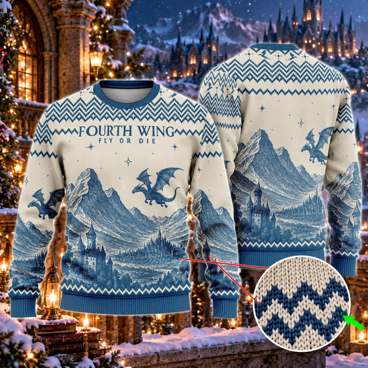 Fly or Die Dragon Rider Cream Blue Knit Ugly Christmas Sweater - front and back view