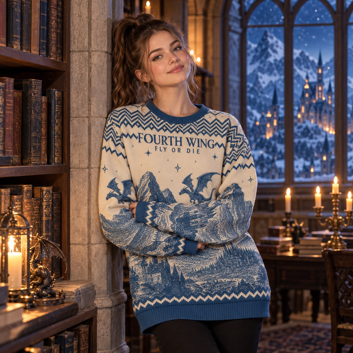 Fly or Die Dragon Rider Cream Blue Knit Ugly Christmas Sweater - worn front view