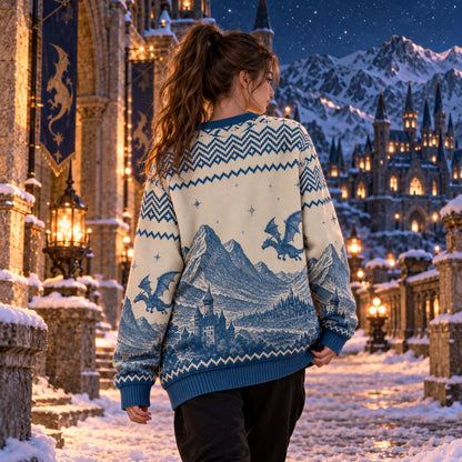 Fly or Die Dragon Rider Cream Blue Knit Ugly Christmas Sweater - worn back view