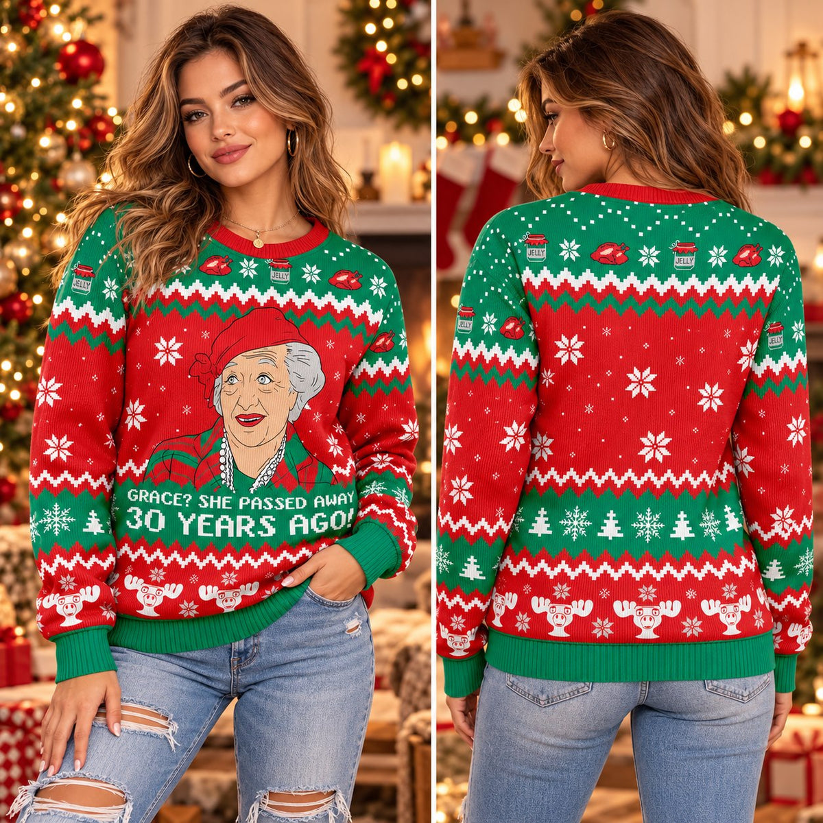 She Passed Away 30 Years Ago Red Green Knit Ugly Christmas Sweater - worn front and back view