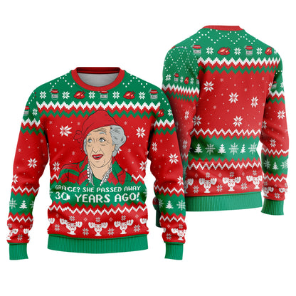 She Passed Away 30 Years Ago Red Green Knit Ugly Christmas Sweater - front and back flat view