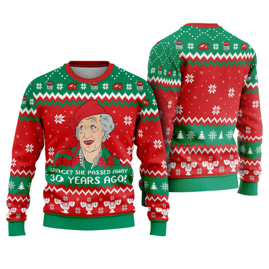 She Passed Away 30 Years Ago Red Green Knit Ugly Christmas Sweater - front and back flat view