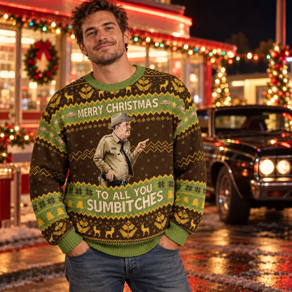 Funny Sheriff Merry Christmas Brown Green Knit Ugly Christmas Sweater - worn front view