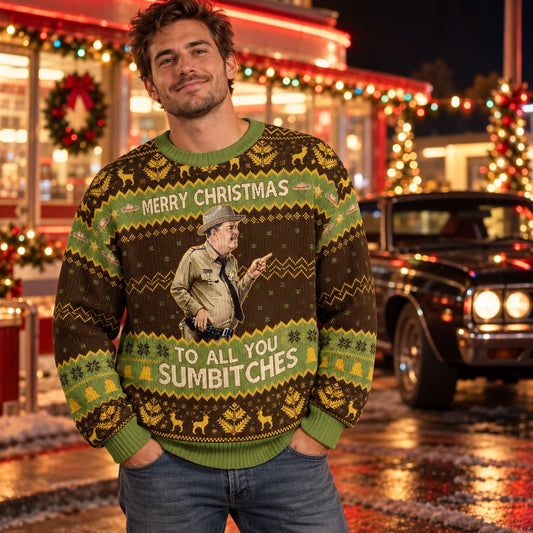 Funny Sheriff Merry Christmas Brown Green Knit Ugly Christmas Sweater - worn front view
