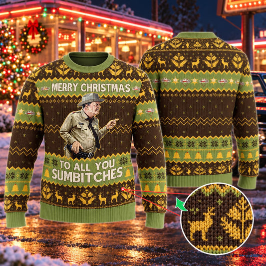 Funny Sheriff Merry Christmas Brown Green Knit Ugly Christmas Sweater - front and back view