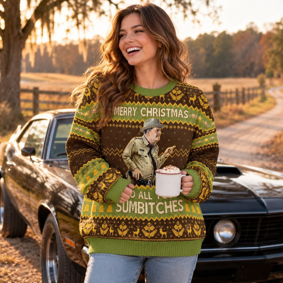 Funny Sheriff Merry Christmas Brown Green Knit Ugly Christmas Sweater - view 3