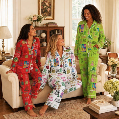 Satin Pajama Set - Retro Friendship Colorful Print Lounge PJs for Women