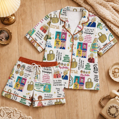 Satin Pajama Set - Retro Friendship Colorful Print Lounge PJs for Women