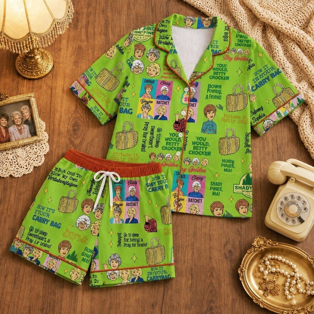 Satin Pajama Set - Retro Friendship Colorful Print Lounge PJs for Women