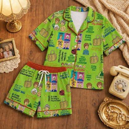 Satin Pajama Set - Retro Friendship Colorful Print Lounge PJs for Women